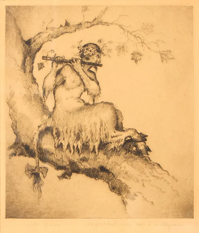 ERNST HÄLLGREN (1889-1944). Etsning, "Spelande faun".