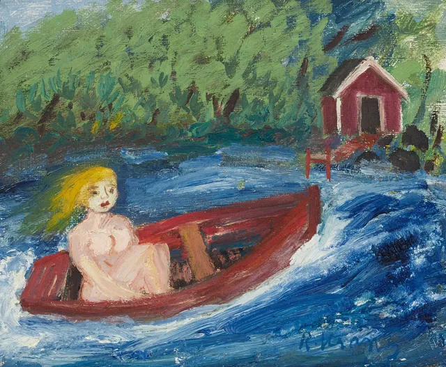 RICHARD KRANTZ (1923–1984). Kvinna i båt, signerad, olja på duk.