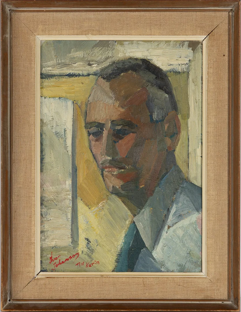 SVEN JOHANSSON. Porträtt, man, signerad samt daterad a tergo 1957. — Paintings — Stockholms Auktionsverk Helsingborg