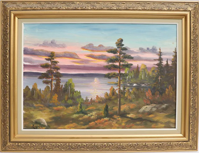 OIDENTIFIERAD KONSTNÄR. Skogsbild med vattendrag, oljemålning på duk, otydligt signerad.