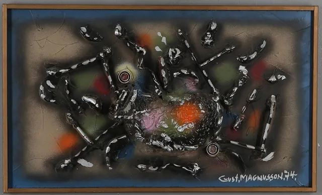 GUST. MAGNUSSON. Blandteknik/collage, signerad och daterad 74.