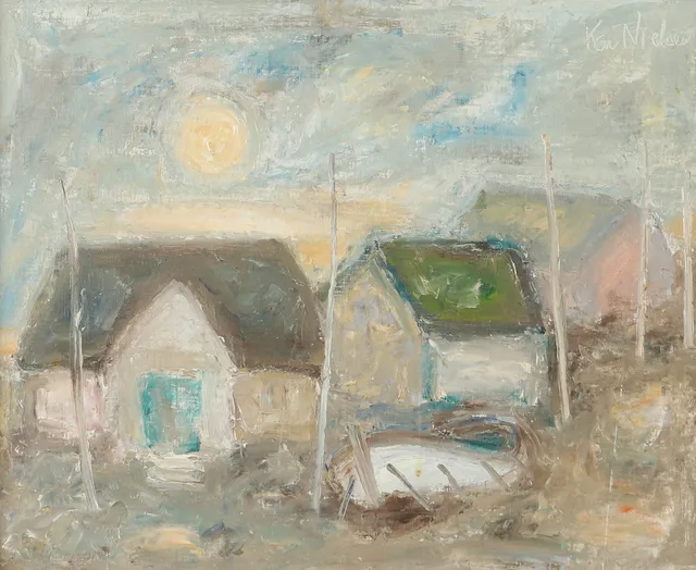 KAI NIELSEN. Landskap med hus, olja på pannå, signerad.