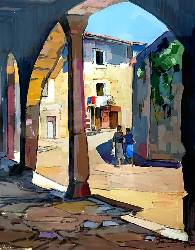 RAMON BARNADAS. Visión urbana. Óleo sobre papel.