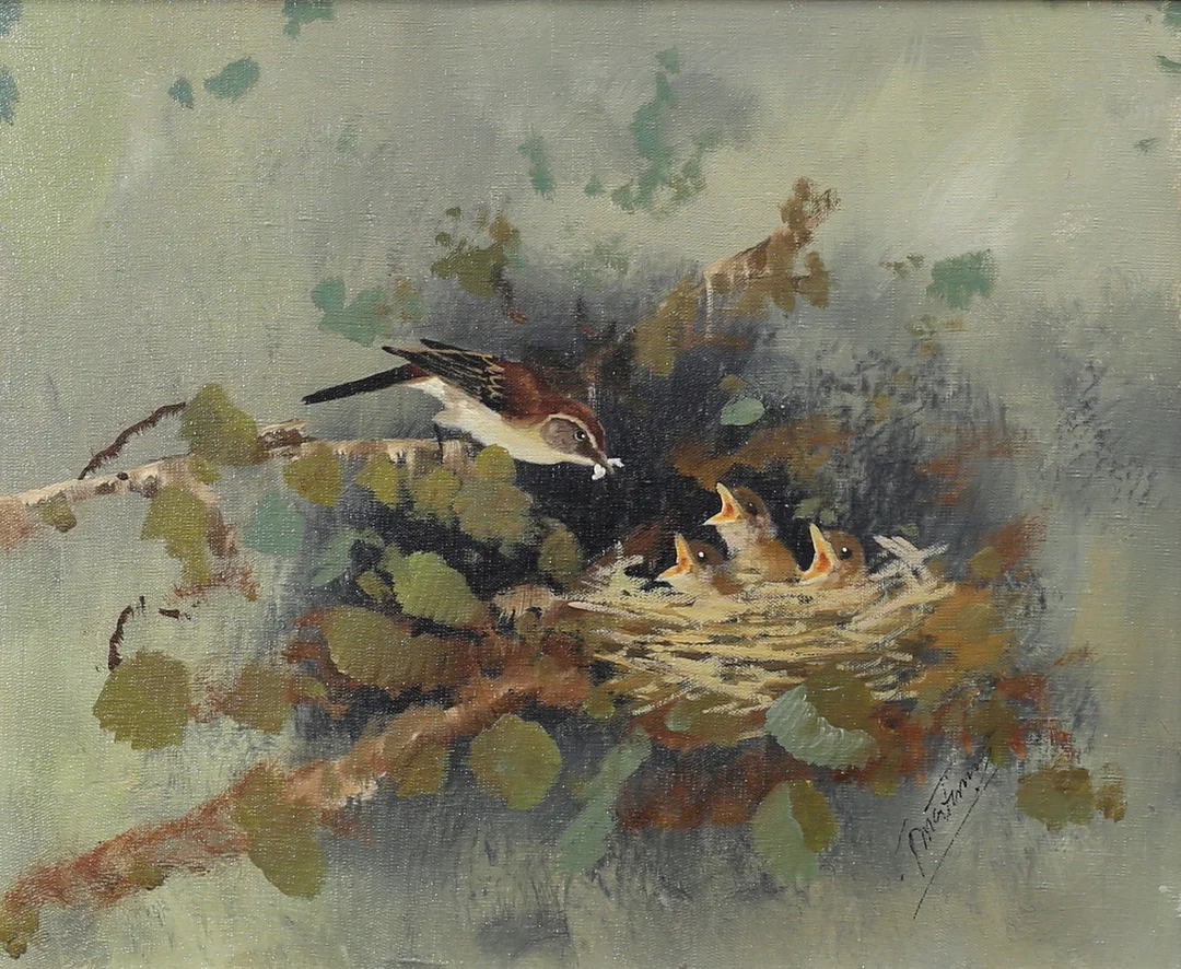 TORBJÖRN MARTINSSON. "Törnsångare vid boet". Olja på duk, signerad. — Paintings — Auktionshuset Thelin & Johansson