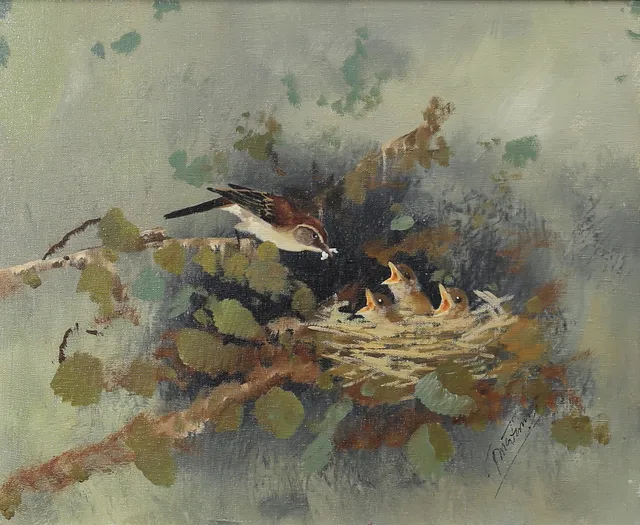 TORBJÖRN MARTINSSON. "Törnsångare vid boet". Olja på duk, signerad.