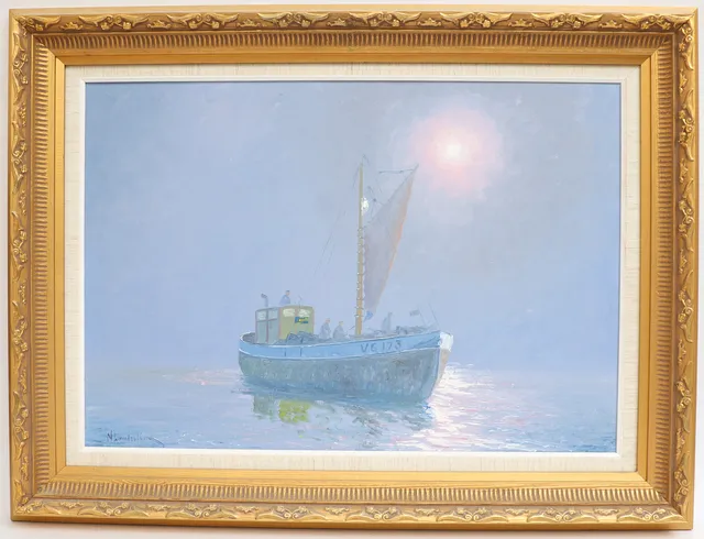 NILS LANDZELIUS. Havsbild med fiskebåt, oljemålning på duk, signerad.