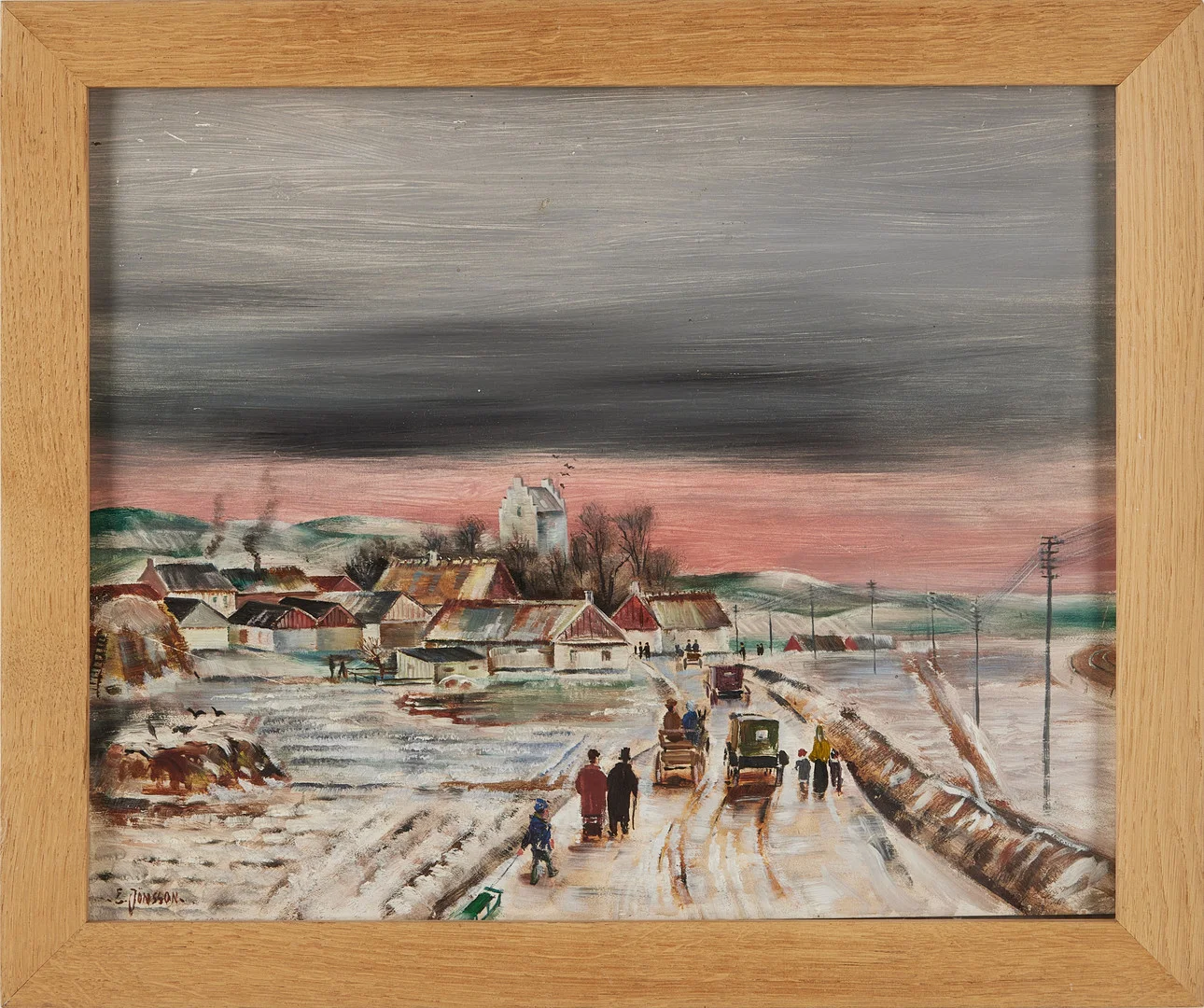 ERIK JÖNSSON. Söndag - skånskt landskap, olja på pannå, signerad. — Paintings — Stockholms Auktionsverk Magasin 5