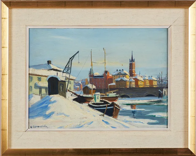 GUNNAR ZETTERSTRÖM (1902-1965). Vy över Riddarholmen, olja på pannå, signerad G Zetterström.