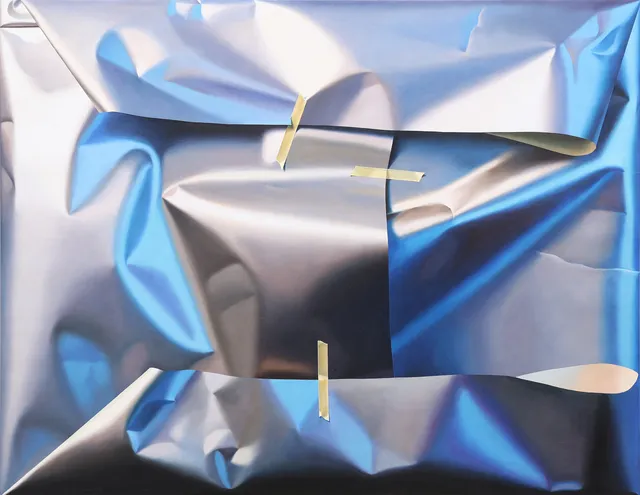 YRJÖ EDELMANN. OLJA PÅ DUK, "PACKED GREY AND BLUE HEAVEN", SIGNERAD OCH DATERAD 2002.