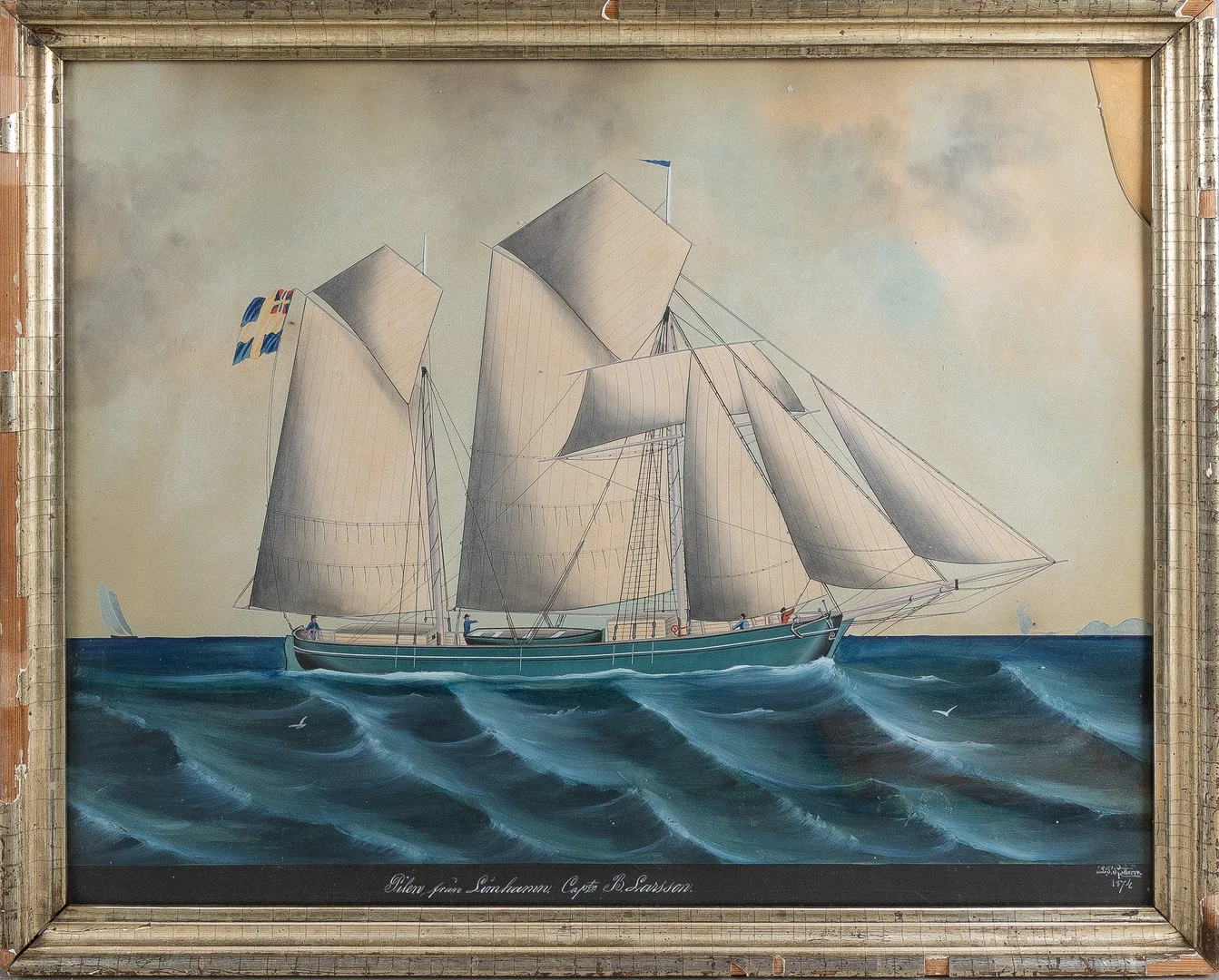 LARS PETTER SJÖSTRÖM. "Pilen från Limhamn, Captn B. Larsson", gouache på papper, signerad 1874. — Paintings — Stockholms Auktionsverk Helsingborg