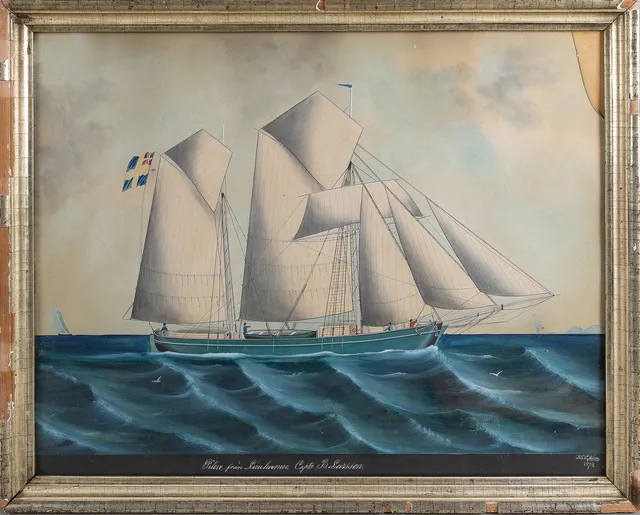 LARS PETTER SJÖSTRÖM. "Pilen från Limhamn, Captn B. Larsson", gouache på papper, signerad 1874.