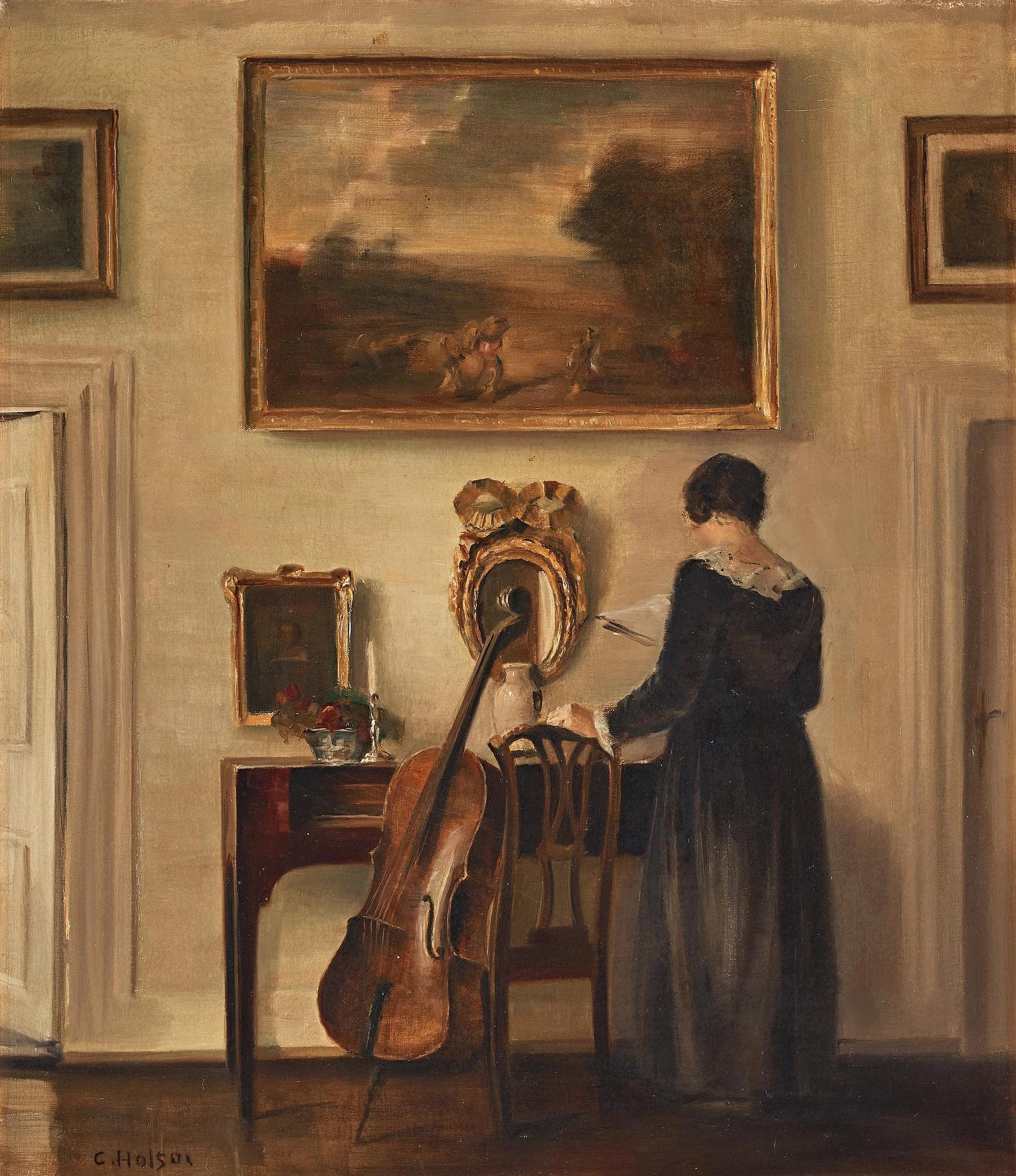 Carl Holsoe, Interiör med kvinna och cello. — Bukowskis