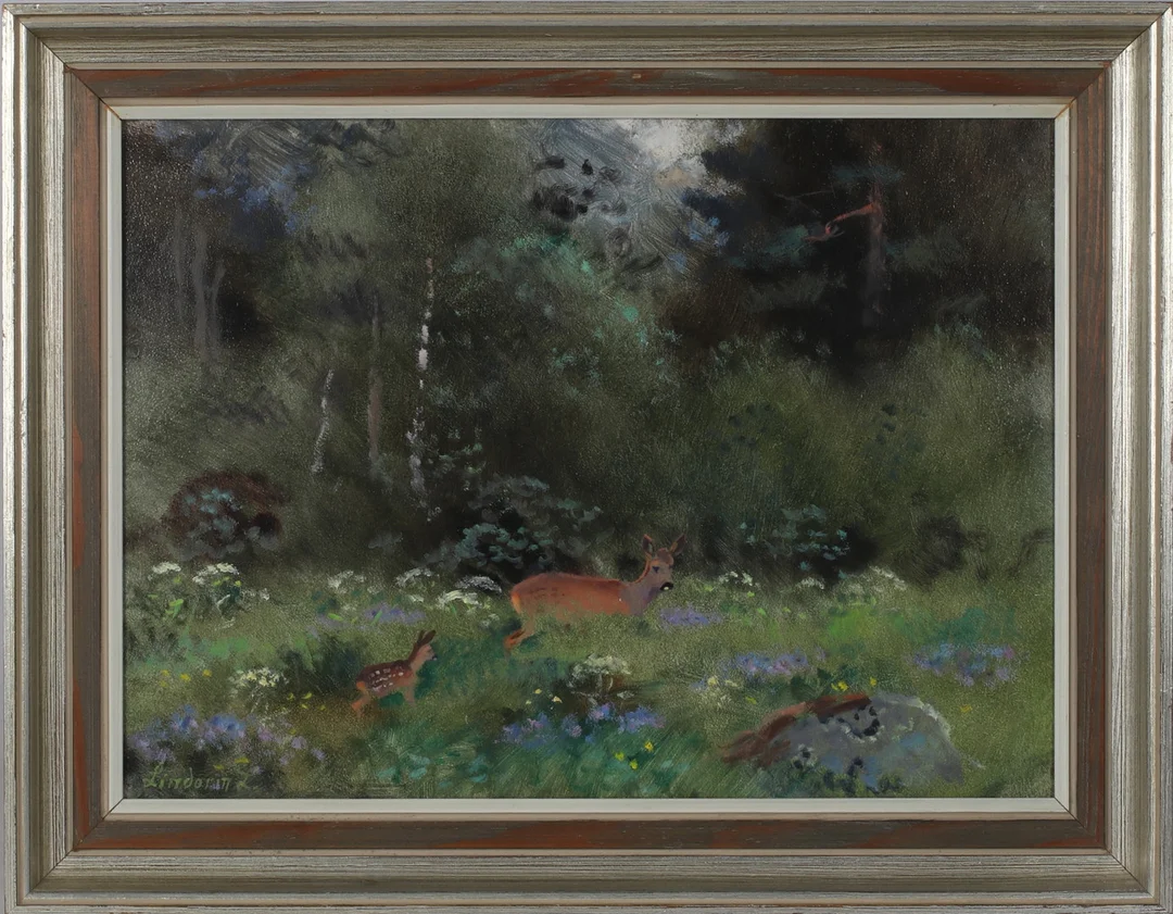 LINDORM LILJEFORS. Rådjur i skogslandskap, signerad, olja på pannå. — Paintings — Stadsauktion Sundsvall