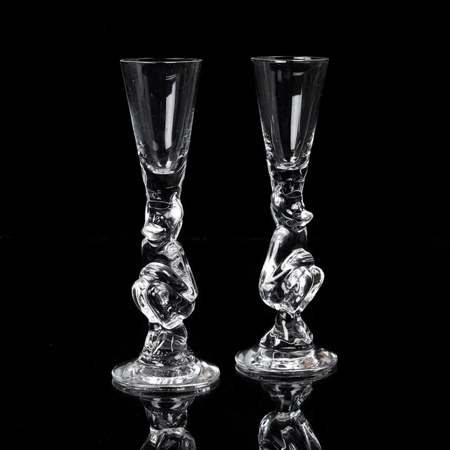 GUNNAR CYRÉN. Snapsglas, ett par, "Djävulsglas", Crystal Clear, Nobelservisen, Orrefors.