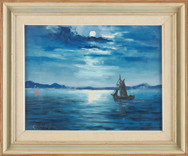 ALEXANDER WILHELMS (1886-1972). Skymning med fartyg, olja på duk, signerad.