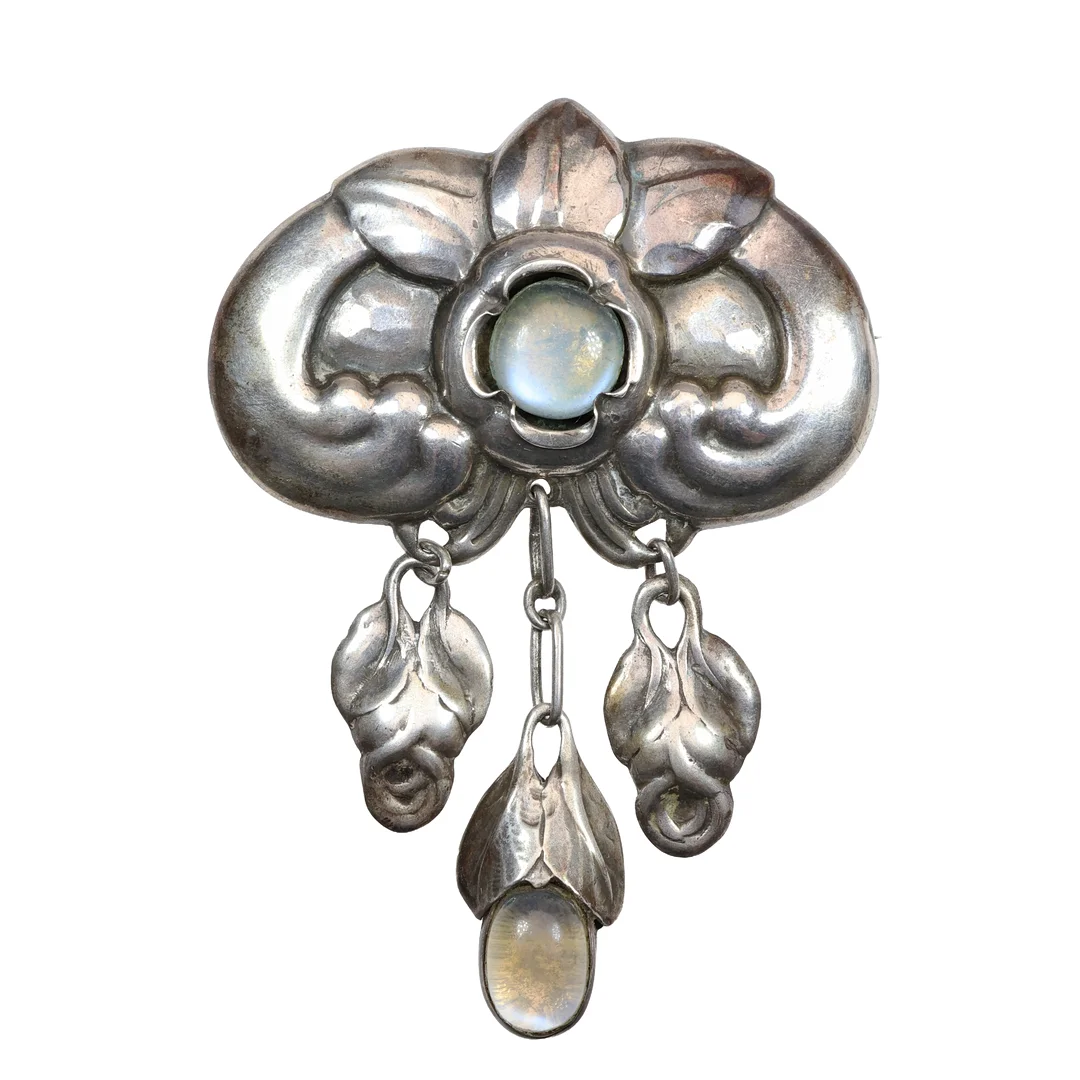 EVALD NIELSEN (1879-1958), ART NOUVEAU DANISH 830 SILVER AND MOONSTONE BROOCH, 18.43 GRAMS. — Brooches & Pendants — Young's Auctions