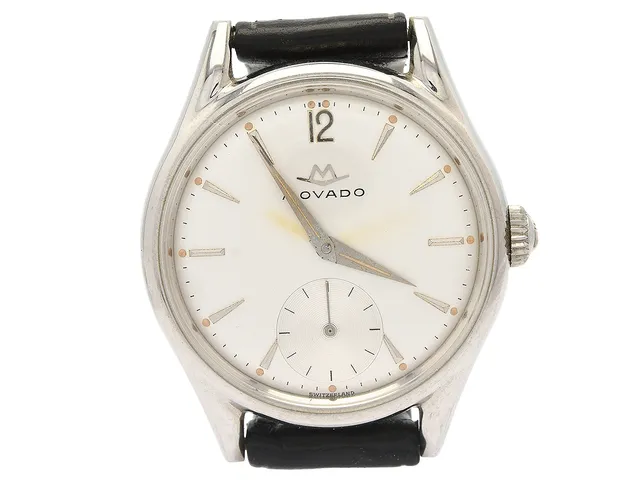 MOVADO, "Francois Borgel Case", herrur, 33,5 mm, Cal 125, Boett nr. B1152294 / 18127, stål, manuell, plexiglas, liten sekundvisare, skadad urtavla, defekt, läderband, ca 1955.
