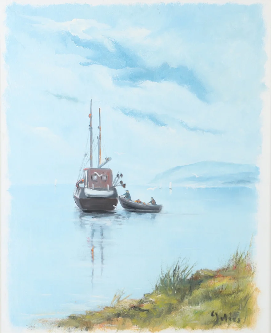 CARL JULIUS. Kustparti med båt, olja på duk, signerad C. Julius. — Paintings — Helsingborgs Auktionskammare