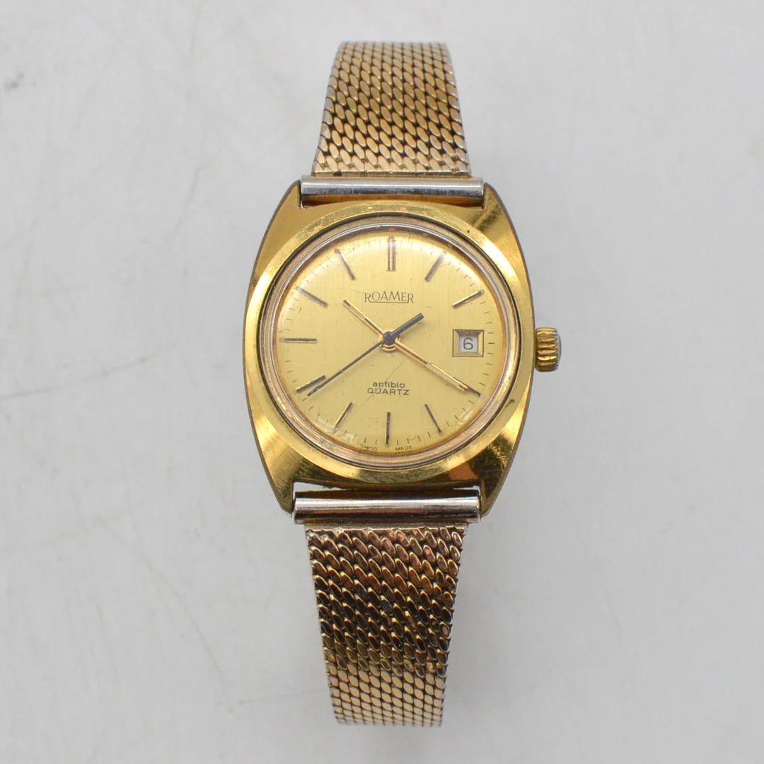 ROAMER ANFIBIO AUTOMATIC, DAMENARMBANDUHR, QUARTZ, SWISS MADE, VERGOLDETER EDELSTAHL, DAYDATE, UM 1970ER JAHRE. — Wristwatches — Kunst- und Auktionshaus Kleinhenz