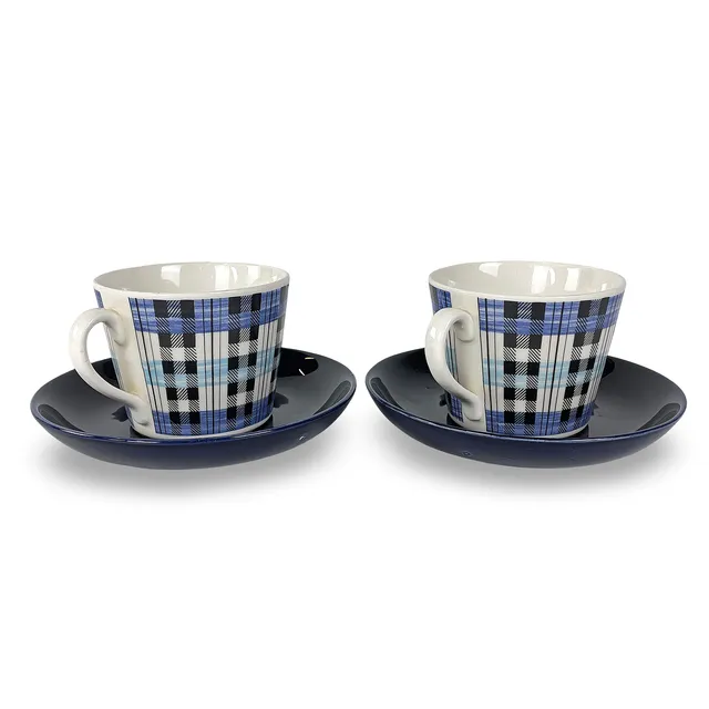 HELMER RINGSTRÖM. "Blå Skotte", kaffekoppar med fat, 2 st, flintgods, Gefle, 1970-tal.