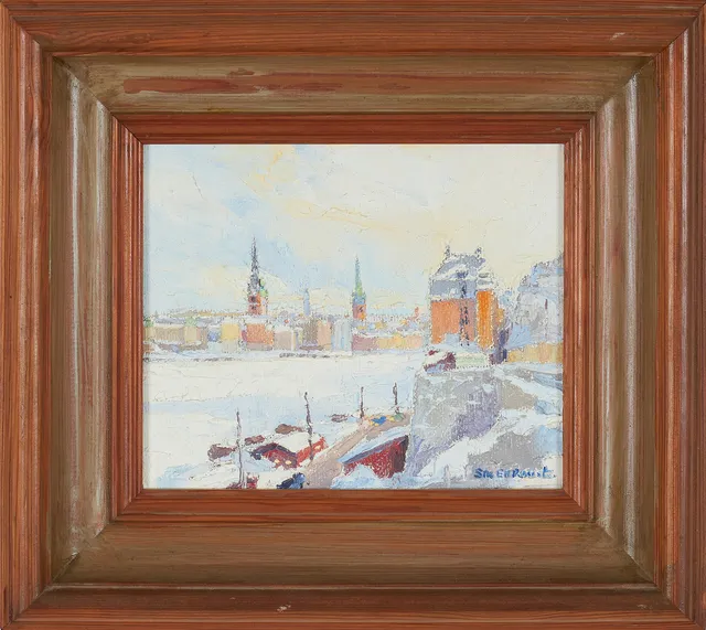 STIG EH ROUSK (1934–2016). "Gamla Stan målad från Eolsgatan" olja på duk, signerad, a tergo daterad 1979.