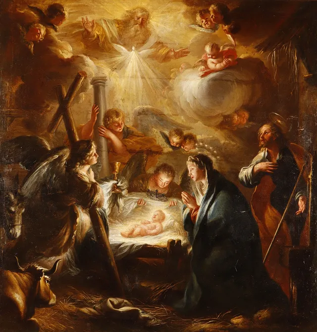 MIGUEL JACINTO MELÉNDEZ (1679-1734). Presentación de los atributos de la Pasión al Niño Jesús en el portal de Belén.