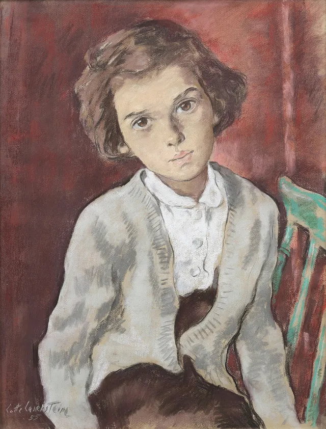 LOTTE LASERSTEIN. PASTELL PÅ PAPPER, PORTRÄTT AV EVA HELLSTENIUS VID 8 ÅRS ÅLDER, SIGNERAD OCH DATERAD 1955.