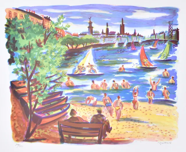 CHARLES SJÖHOLM. Färglitografi, Rålambshovsbadet.