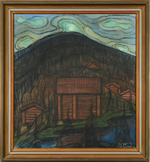 MARIA FRÖBERG (1886-1967). Norrsken över fäbodslandskap.