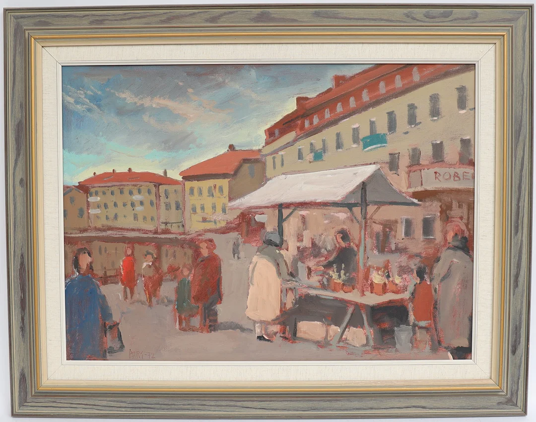 FOLKE PARS. Stadsbild med figurer, oljemålning på duk, signerad och daterad 72. — Paintings — Falun Auktionsbyrå