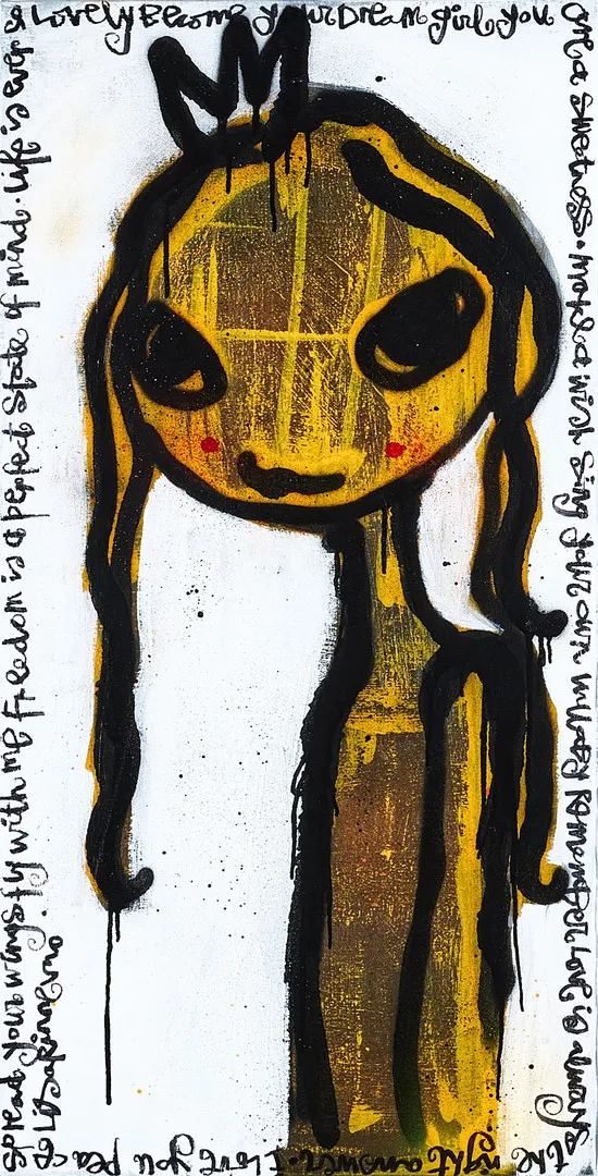 LISA RINNEVUO. "Dreamgirl", akryl, spray och tusch på duk, signerad.