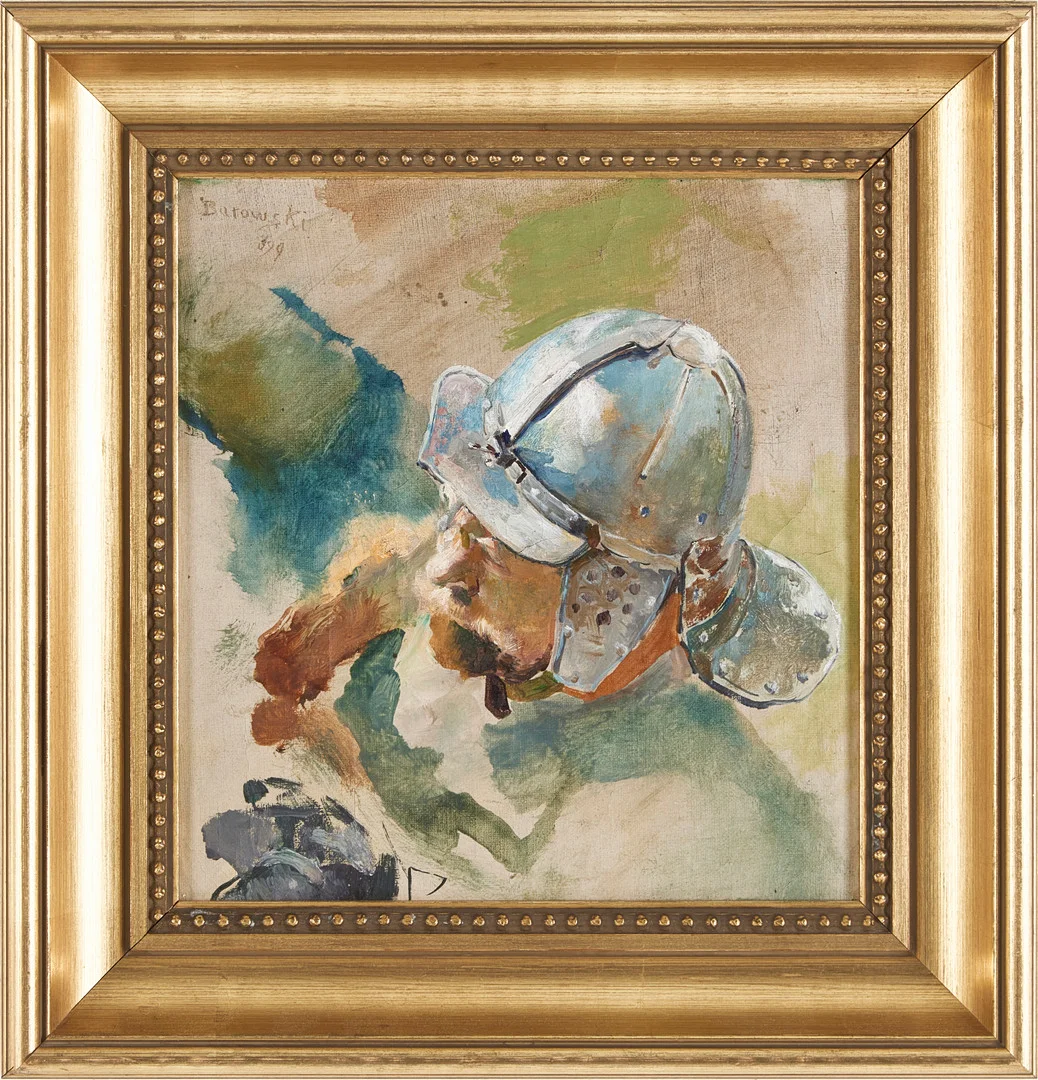 OIDENTIFIERAD KONSTNÄR. Studie av soldat, skiss, olja på duk fäst mot pannå, signerad Barowski - 99. — Paintings — Stockholms Auktionsverk Magasin 5