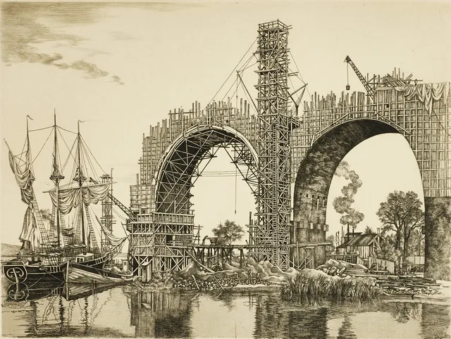 STIG BORGLIND (1892-1965). "Årstabron", signerad i blyerts, etsning, torrnål och kopparstick, Stockholm 1927.