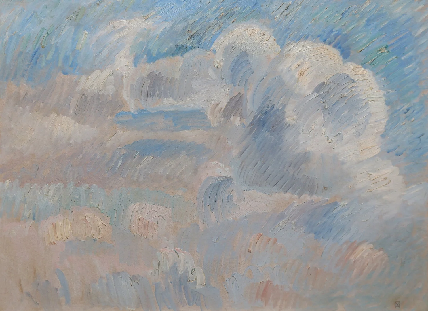 OIDENTIFIERAD KONSTNÄR. olja på pannå, "Sommarmåln", monogramsignerad. — Paintings — Gomér & Andersson Linköping
