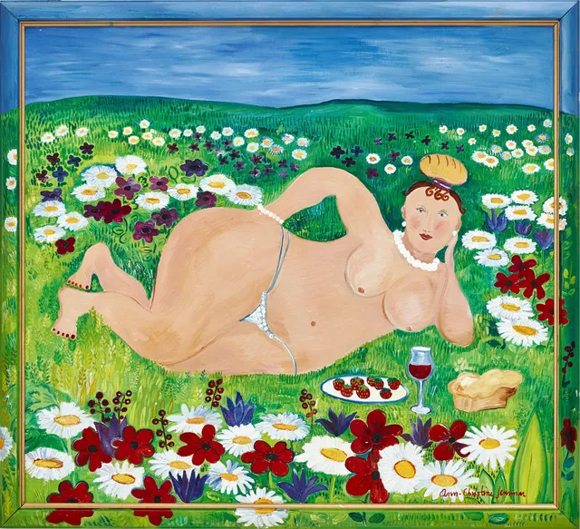 ANN-CHRISTINE JENSMAR, (född 1954): Frukost i det gröna, signerad, olja på duk, bemålad ram.