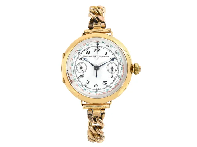 CHRONOMÈTRE EBERHARD, Milan, "Monopusher", Cal Valjoux 22-GH 15 3/4, Boett nr. 1997, enknappskronograf, herrur, 39,5 mm, 18K guld, manuell, plexiglas (skadat), bucklor boett, ca 1920, integrerad metallänk (ej original).