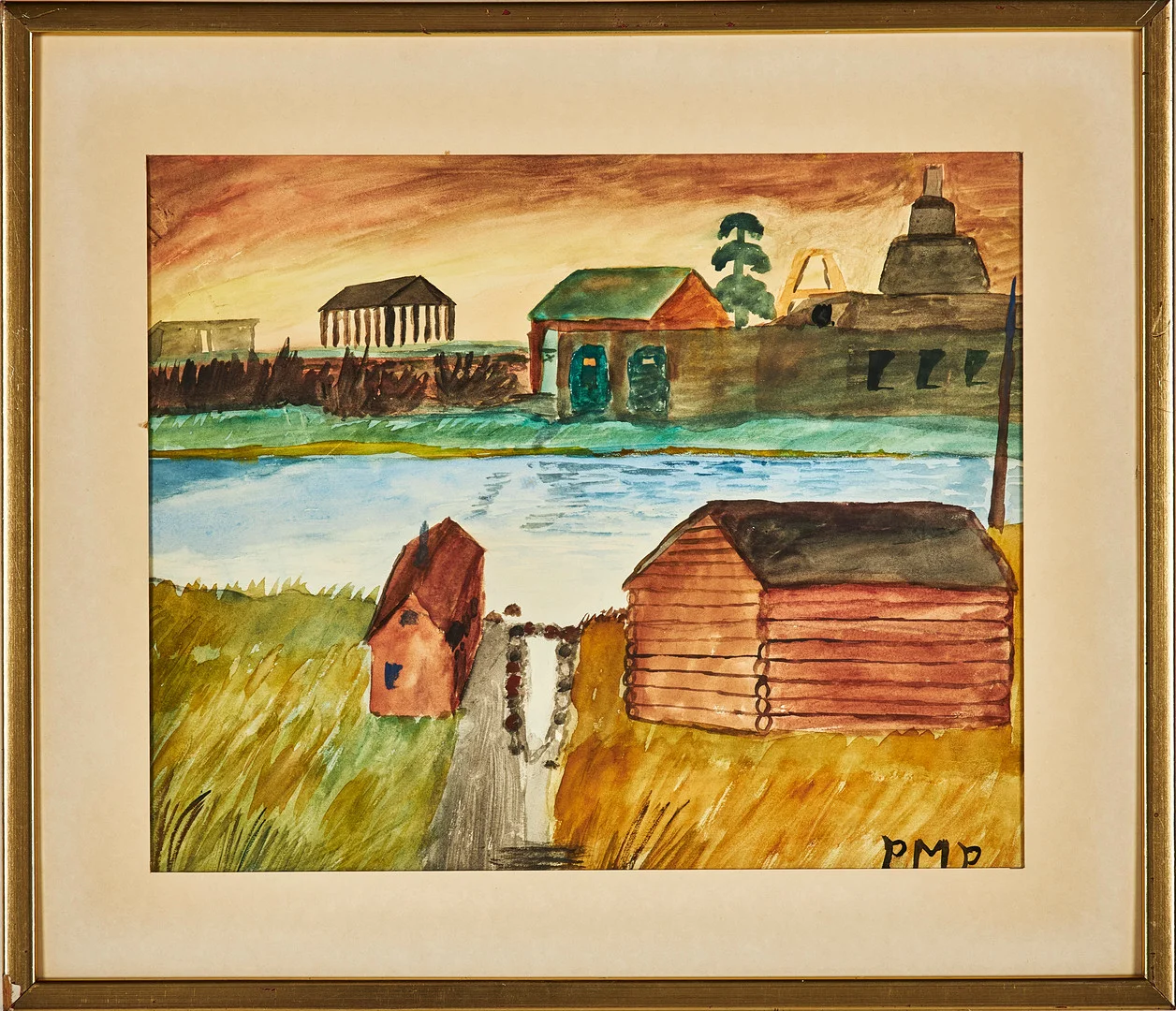 PRIMUS MORTIMER PETTERSSON. Landskap med hus, akvarell på papper, monogramsignerad PMP. — Paintings — Stockholms Auktionsverk Sickla