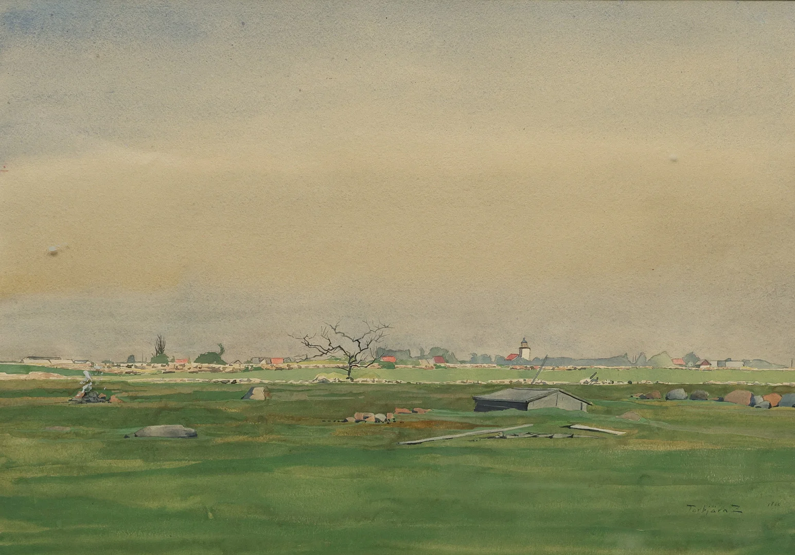 TORBJÖRN ZETTERHOLM. "Stenåsa kyrka", akvarell, signerad och daterad 1960. — Paintings — Gomér & Andersson Linköping