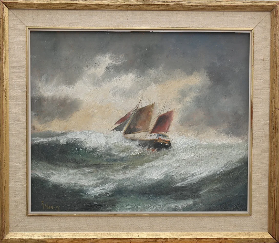 ALLAN ÅSBERG. Olja på pannå, Skepp till havs, signerad Åsberg. — Paintings — Limhamns Auktionsbyrå