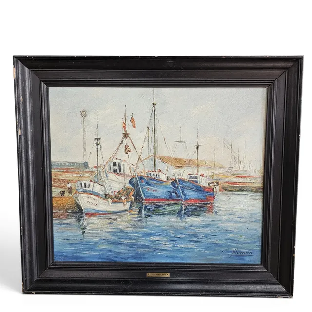 LUIS HERRERO. Barcas, óleo sobre lienzo.