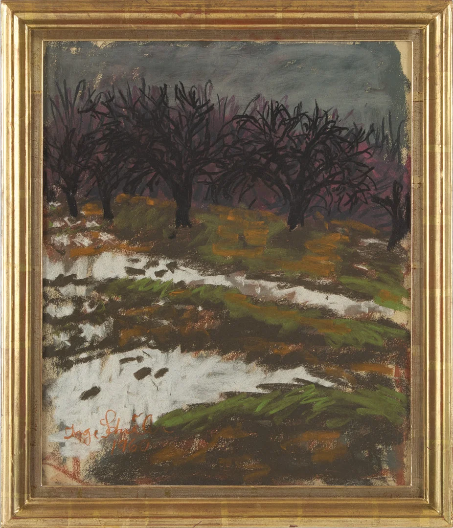 INGE SCHIÖLER. Backe med snöfläckar, pastell på papper, signerad Inge Schiöler, 1960. — Drawings — Stockholms Auktionsverk Magasin 5
