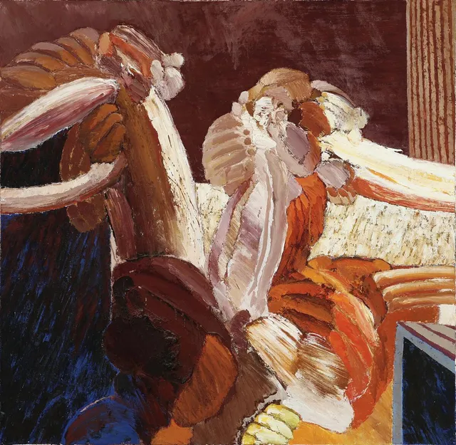 “Den tvedelte”. Signed on the reverse with title. Oil on canvas. 100×100 cm.