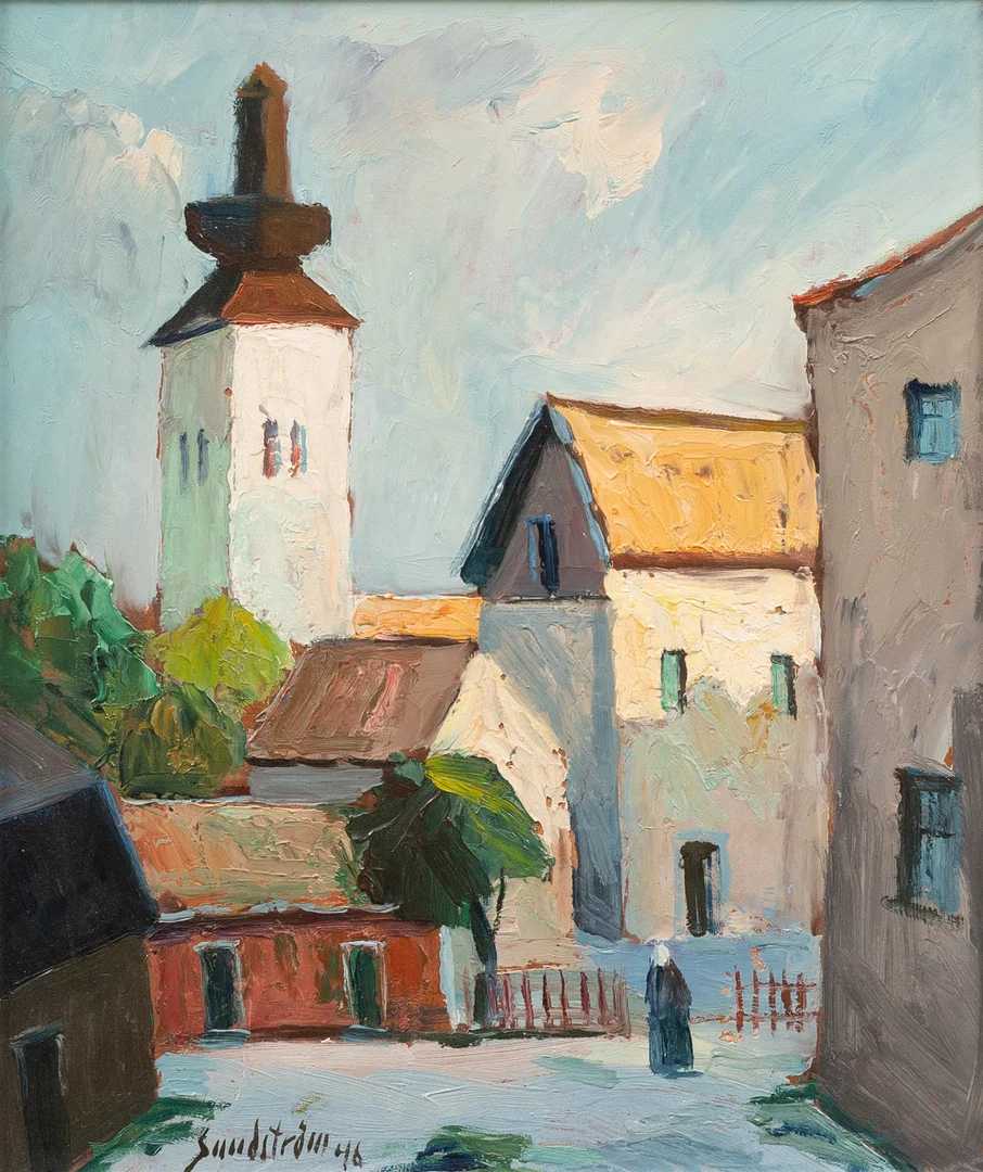 OIDENTIFIERAD KONSTNÄR. Gatumotiv med kyrka, olja på pannå, signerad Sandström och daterad -46. — Paintings — Garpenhus Auktioner