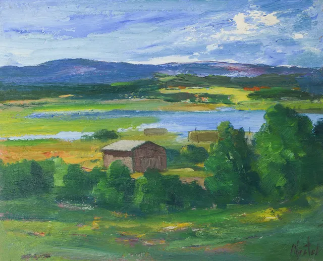 AXEL NIPSTAD. Landskapsmotiv med sjö och berg, olja på pannå, signerad.