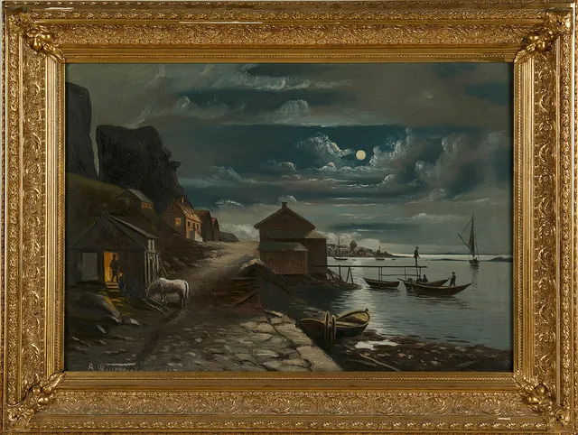 ALFRED WETTERSTRÖM  (1863-1934). Kustby i skymning, olja på duk, signerad och daterad A. Wetterström 1897.