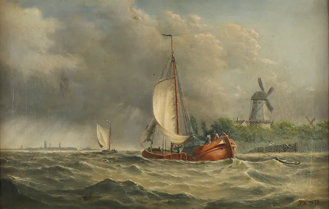 OIDENTIFIERAD KONSTNÄR, SIGNERAD P.F 1879. Oljemålning på duk. Marint motiv.