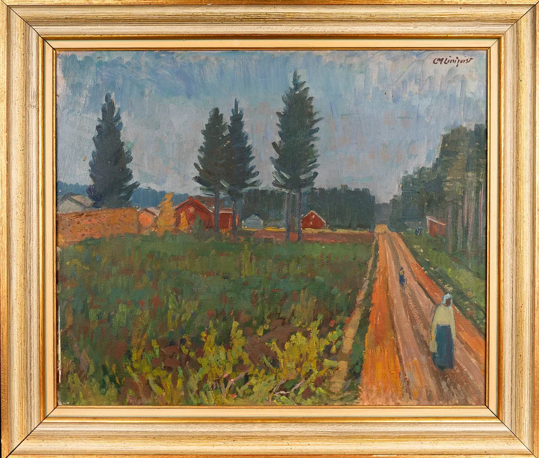 CARL MAGNUS LINDQVIST. Olja på pannå, "Vägen till Kolksele", Signerad. — Paintings — Norrlands Auktionsverk