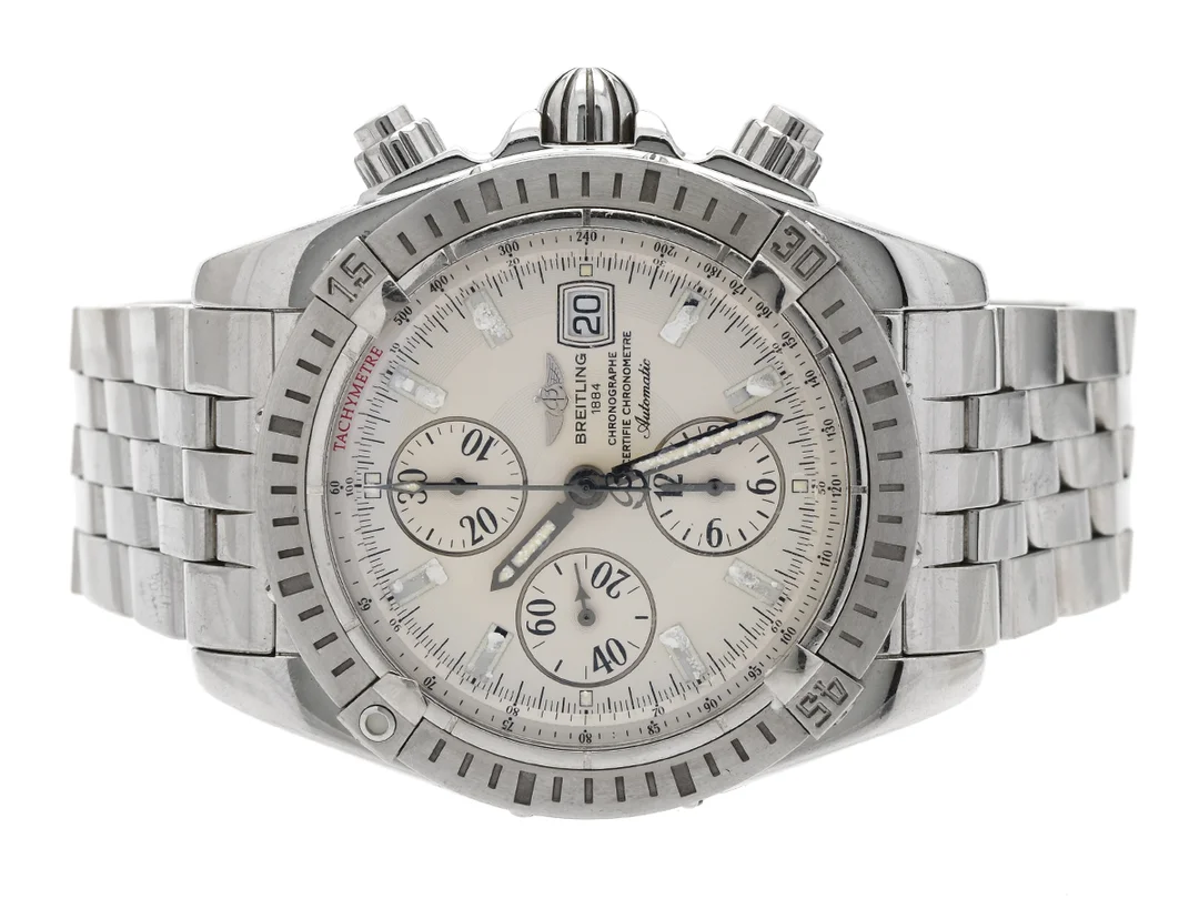 BREITLING, Chronomat Evolution, "Tachymetre", Chronometre, Cal 13 (ETA 7750), Verk nr. 2085688, Serie nr. 2085688, Ref nr. A13356, Boett nr. 0706B4, kronograf, herrur, 43,7 mm, stål, automatisk, safirglas, datum, skadad urtavla, defekt (se fördjupad information), Pilotlänk, viklås, Ref nr. S0706/357A, ca 2006. — Klockor/Breitling — Kaplans