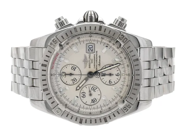 BREITLING, Chronomat Evolution, "Tachymetre", Chronometre, Cal 13 (ETA 7750), Verk nr. 2085688, Serie nr. 2085688, Ref nr. A13356, Boett nr. 0706B4, kronograf, herrur, 43,7 mm, stål, automatisk, safirglas, datum, skadad urtavla, defekt (se fördjupad information), Pilotlänk, viklås, Ref nr. S0706/357A, ca 2006.