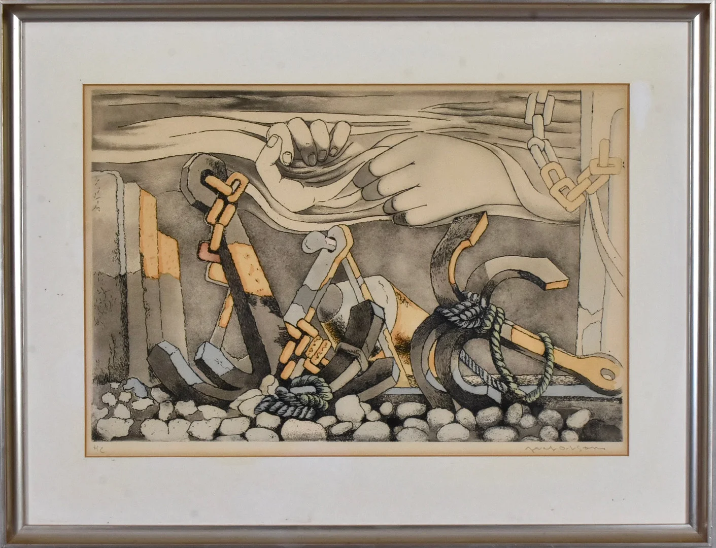 AXEL OLSON. färgetsning, ankarplats. — Engravings & Prints — Halmstads Auktionskammare